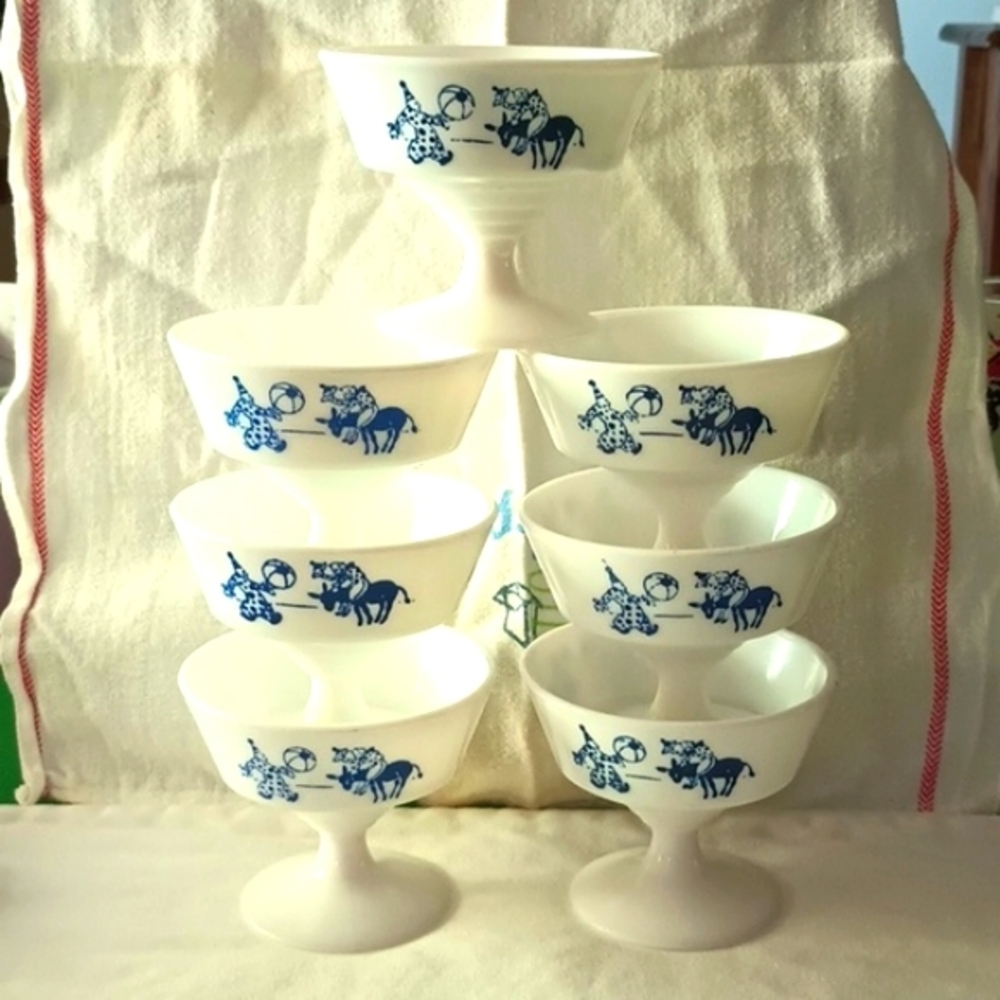 Vintage Hazel Atlas Blue Circus Clowns &  Donkey Sherbet Milk Glass MCM